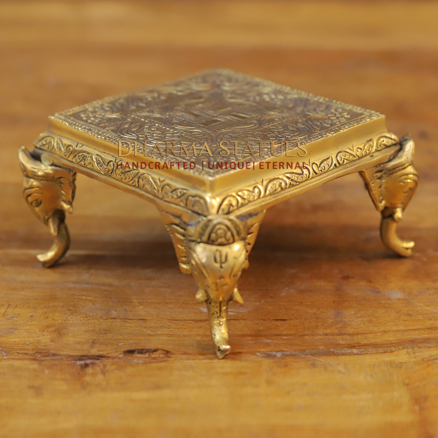 Brass Pooja Chowki, With Ganesh Legs, Fine Golden Finish 3.5"