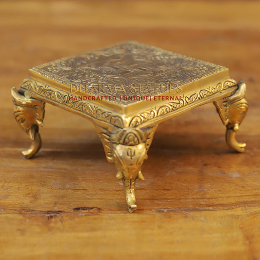 Brass Pooja Chowki, With Ganesh Legs, Fine Golden Finish 3.5"