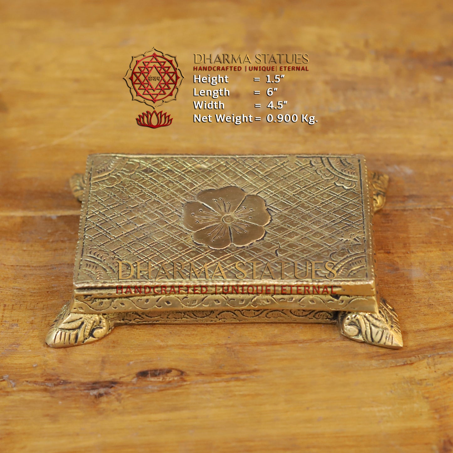 Brass Pooja Chowki, Lotus Engraved, Fine Golden Finish 1.5"