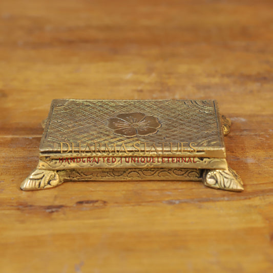 Brass Pooja Chowki, Lotus Engraved, Fine Golden Finish 1.5"