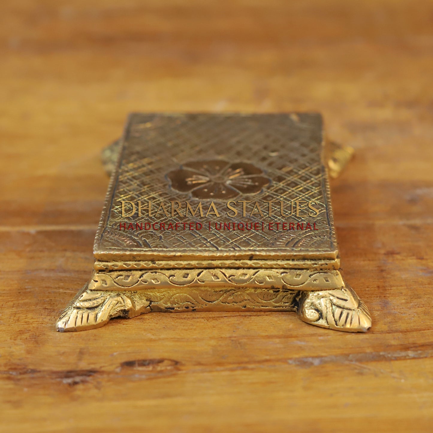 Brass Pooja Chowki, Lotus Engraved, Fine Golden Finish 1.5"