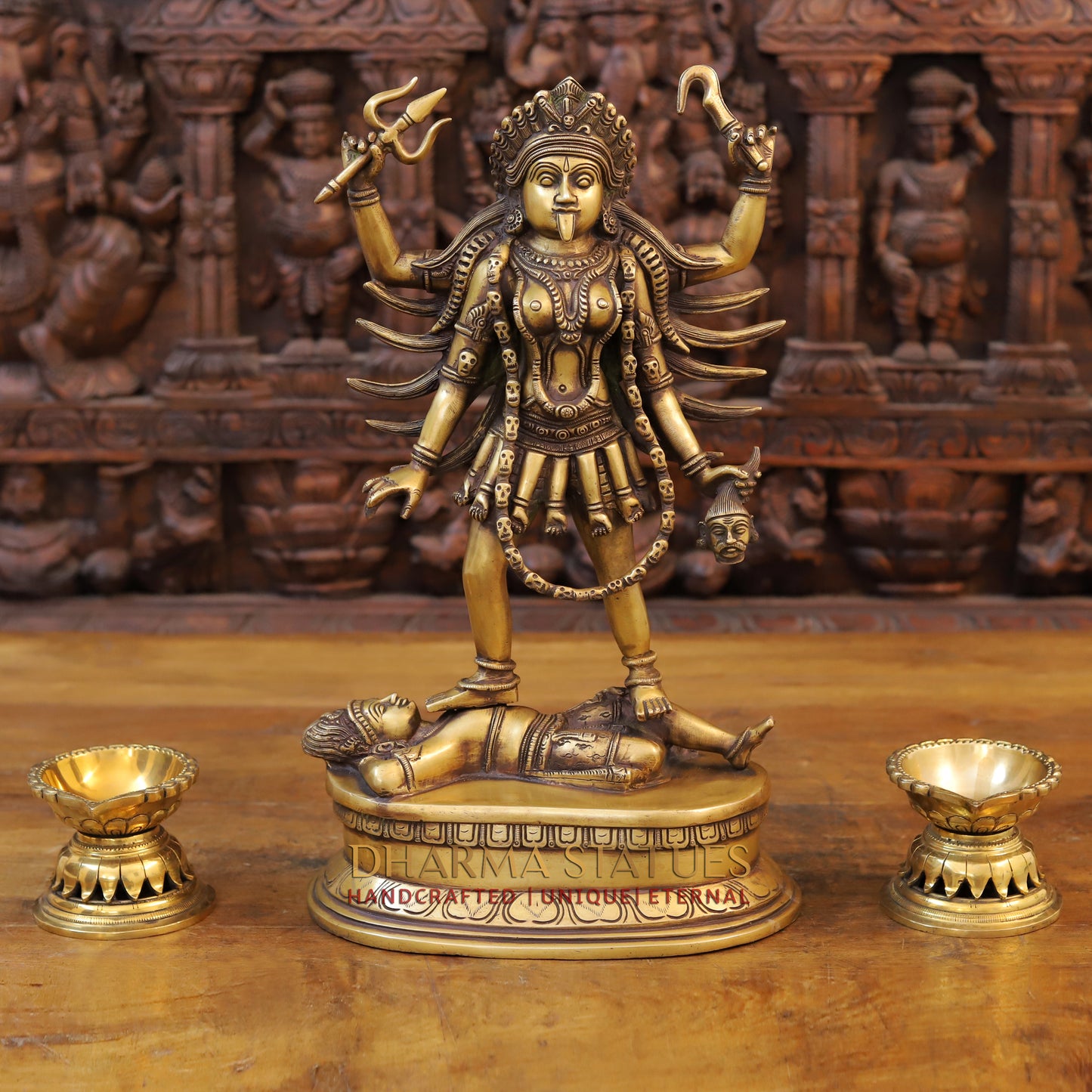 Brass Kali Statue, Standing on Shiva's Chest, Fine Golden Finish 18"