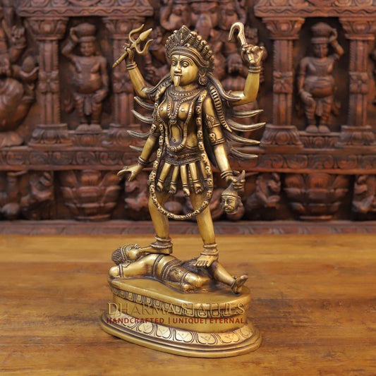 Brass Kali Statue, Standing on Shiva's Chest, Fine Golden Finish 18"