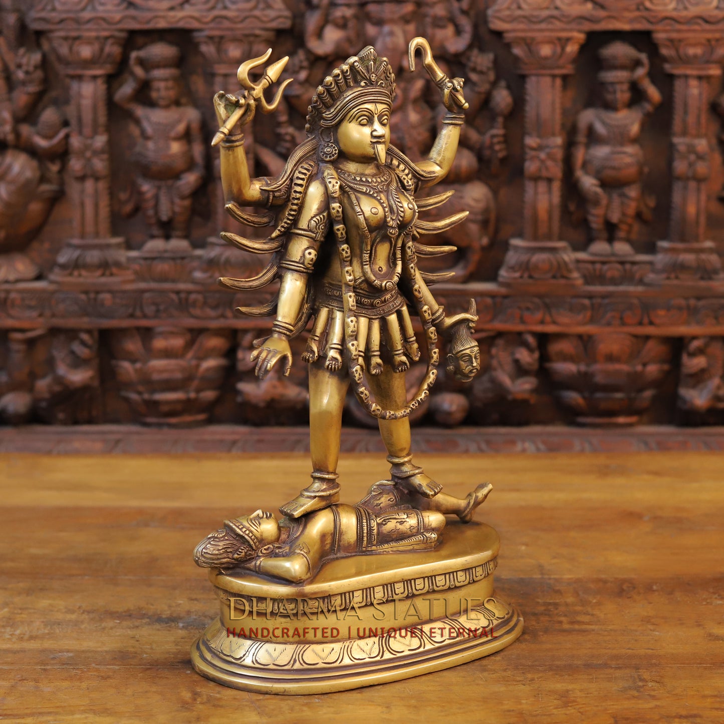 Brass Kali Statue, Standing on Shiva's Chest, Fine Golden Finish 18"