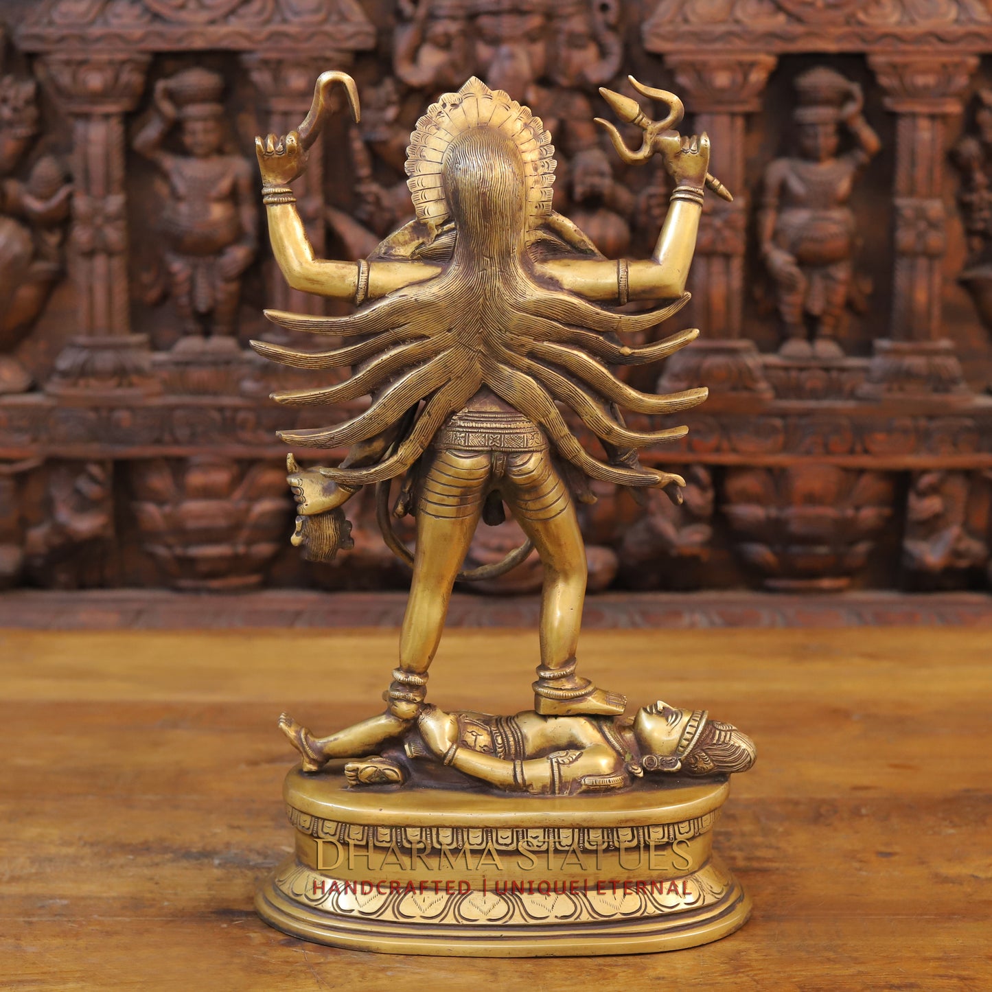 Brass Kali Statue, Standing on Shiva's Chest, Fine Golden Finish 18"
