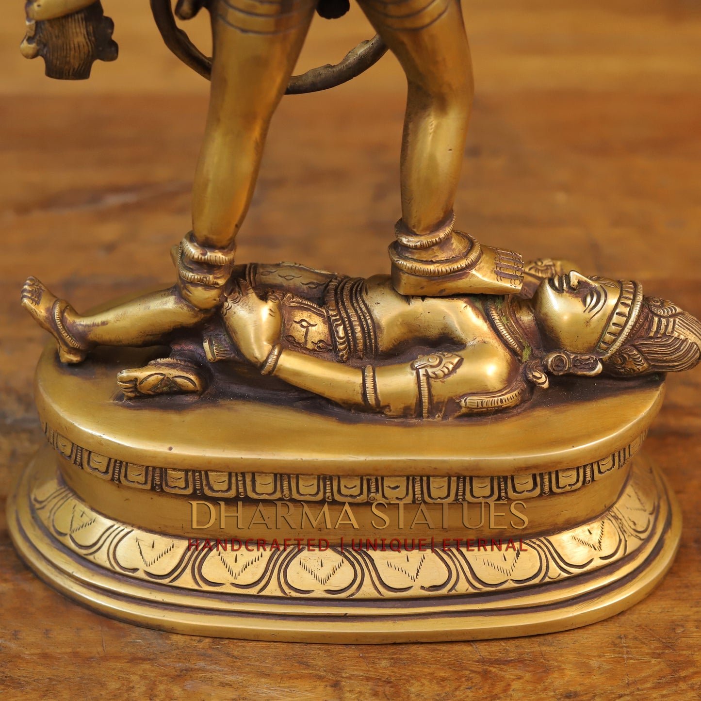 Brass Kali Statue, Standing on Shiva's Chest, Fine Golden Finish 18"