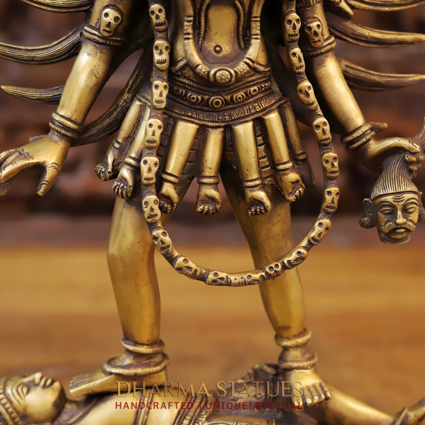 Brass Kali Statue, Standing on Shiva's Chest, Fine Golden Finish 18"