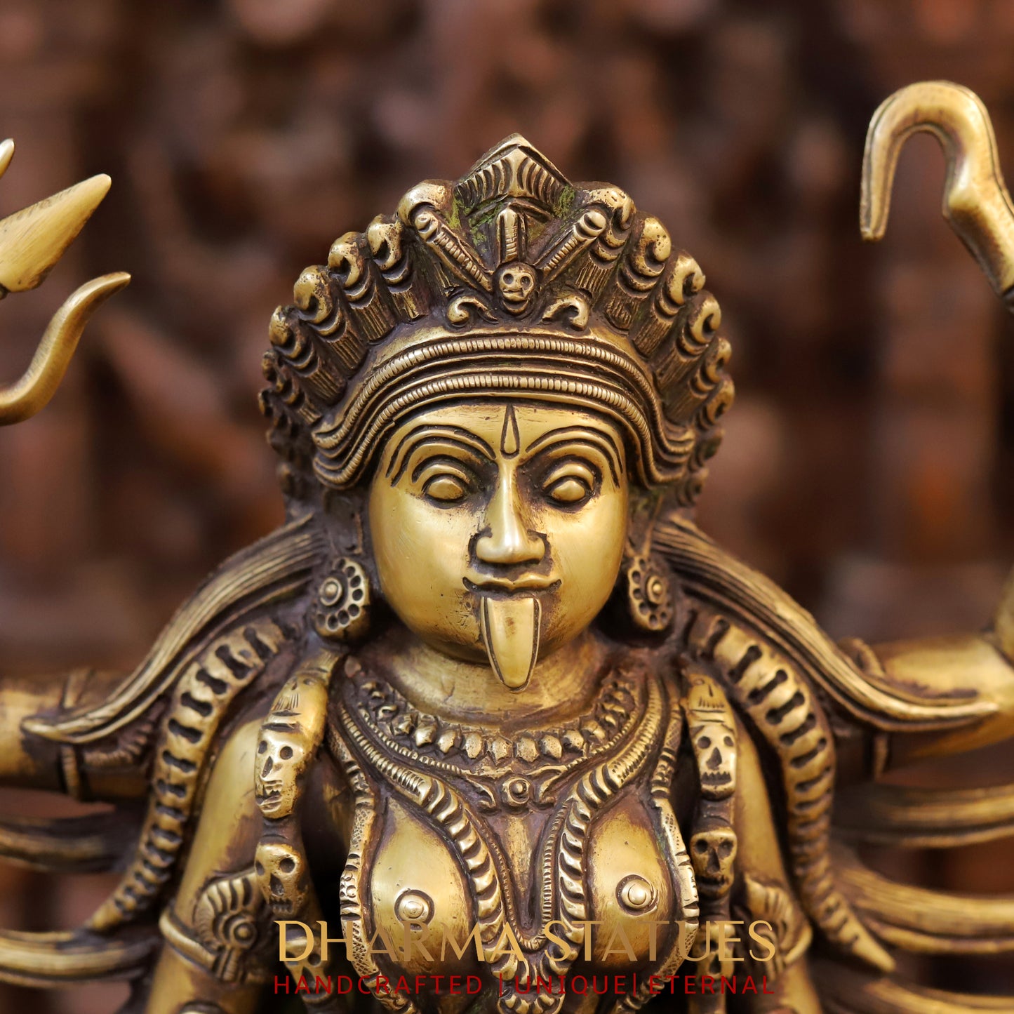Brass Kali Statue, Standing on Shiva's Chest, Fine Golden Finish 18"