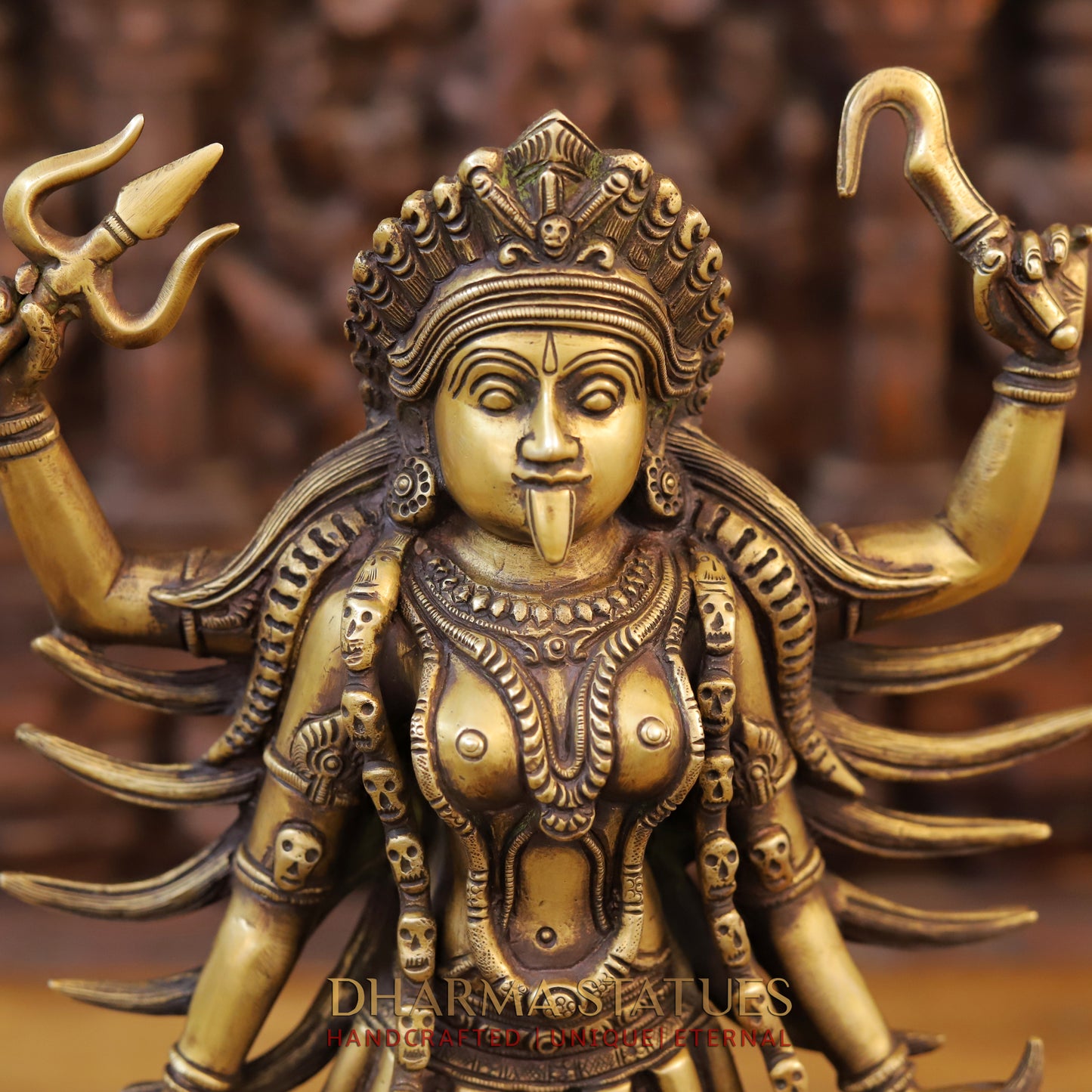 Brass Kali Statue, Standing on Shiva's Chest, Fine Golden Finish 18"