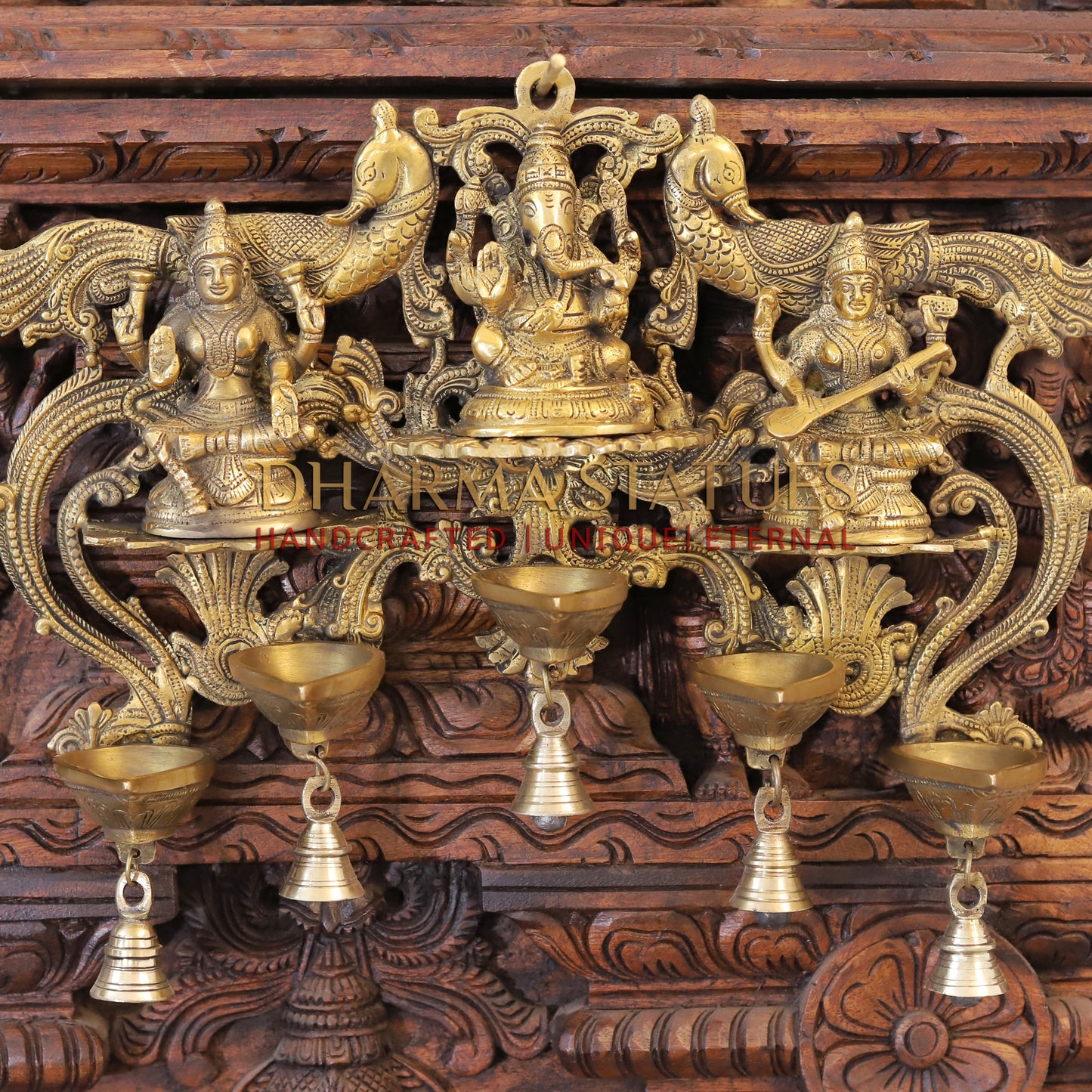 Brass Lakshmi, ganesh, saraswati Wall Hanging, fine Golden Finish 14"