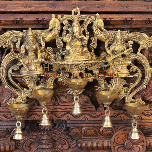 Brass Lakshmi, ganesh, saraswati Wall Hanging, fine Golden Finish 14"