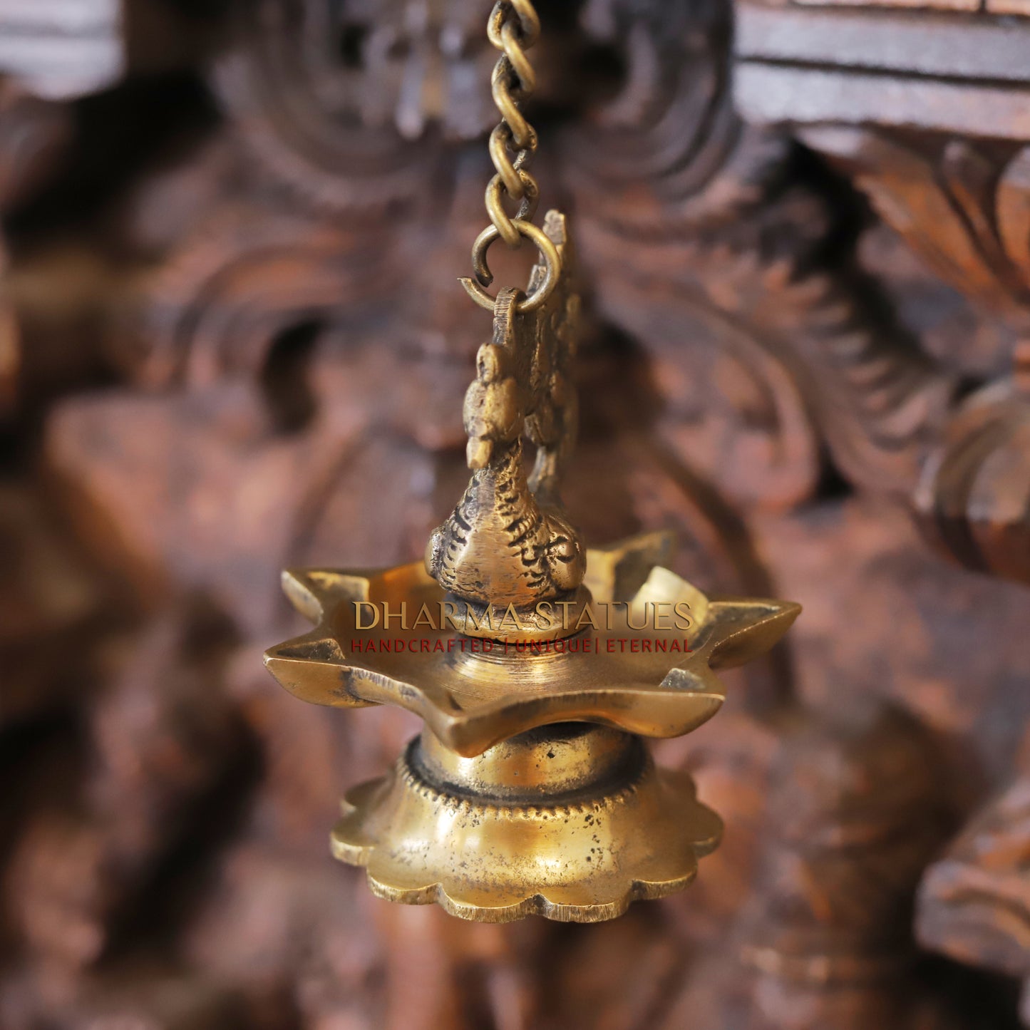 Brass Peacock Hanging Diya, Fine Golden Finish 16"
