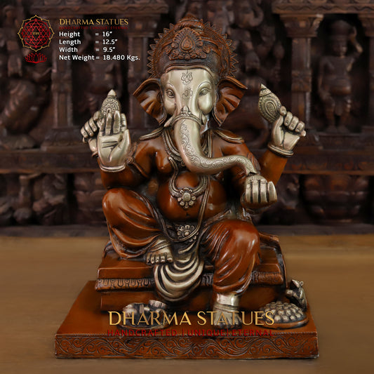 Brass Ganesh seated in Blessing Posture, Copper & Golden Finish, 16"