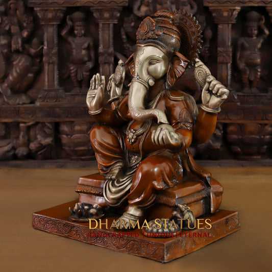 Brass Ganesh seated in Blessing Posture, Copper & Golden Finish, 16"