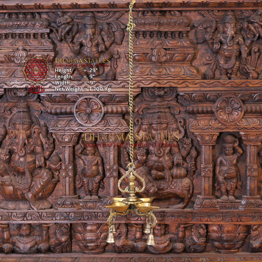 Brass Hanging Diya, with Bells, Fine Golden Finish 29"