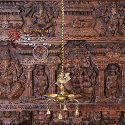 Brass Peacock Diya, with Bells, Fine Golden Finish 29"