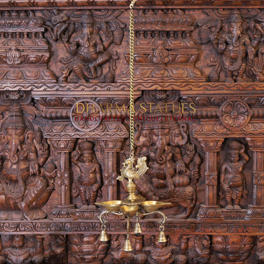 Brass Peacock Diya, with Bells, Fine Golden Finish 29"