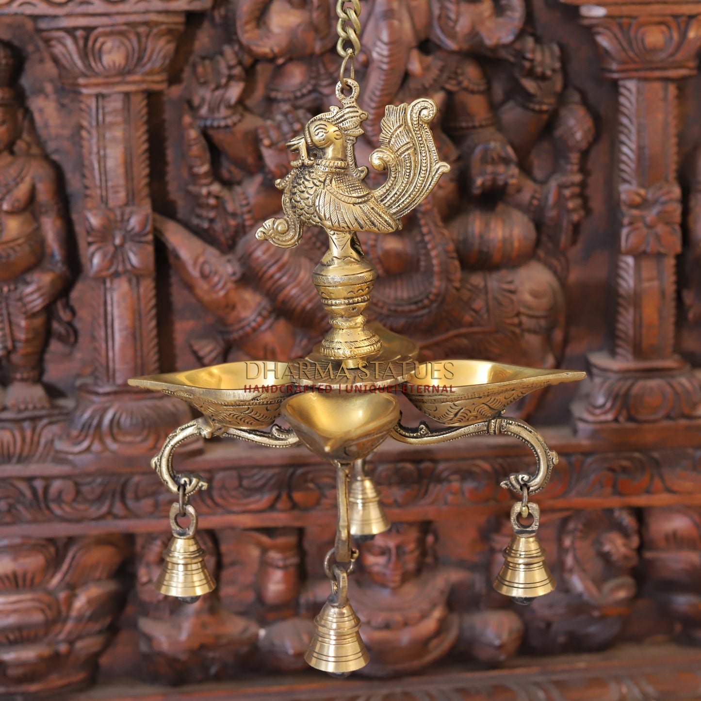 Brass Peacock Diya, with Bells, Fine Golden Finish 29"