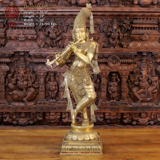 Brass Krishna Playing Flute on Pedestal, Fine Golden Finish, 35.5"