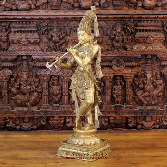 Brass Krishna Playing Flute on Pedestal, Fine Golden Finish, 35.5"
