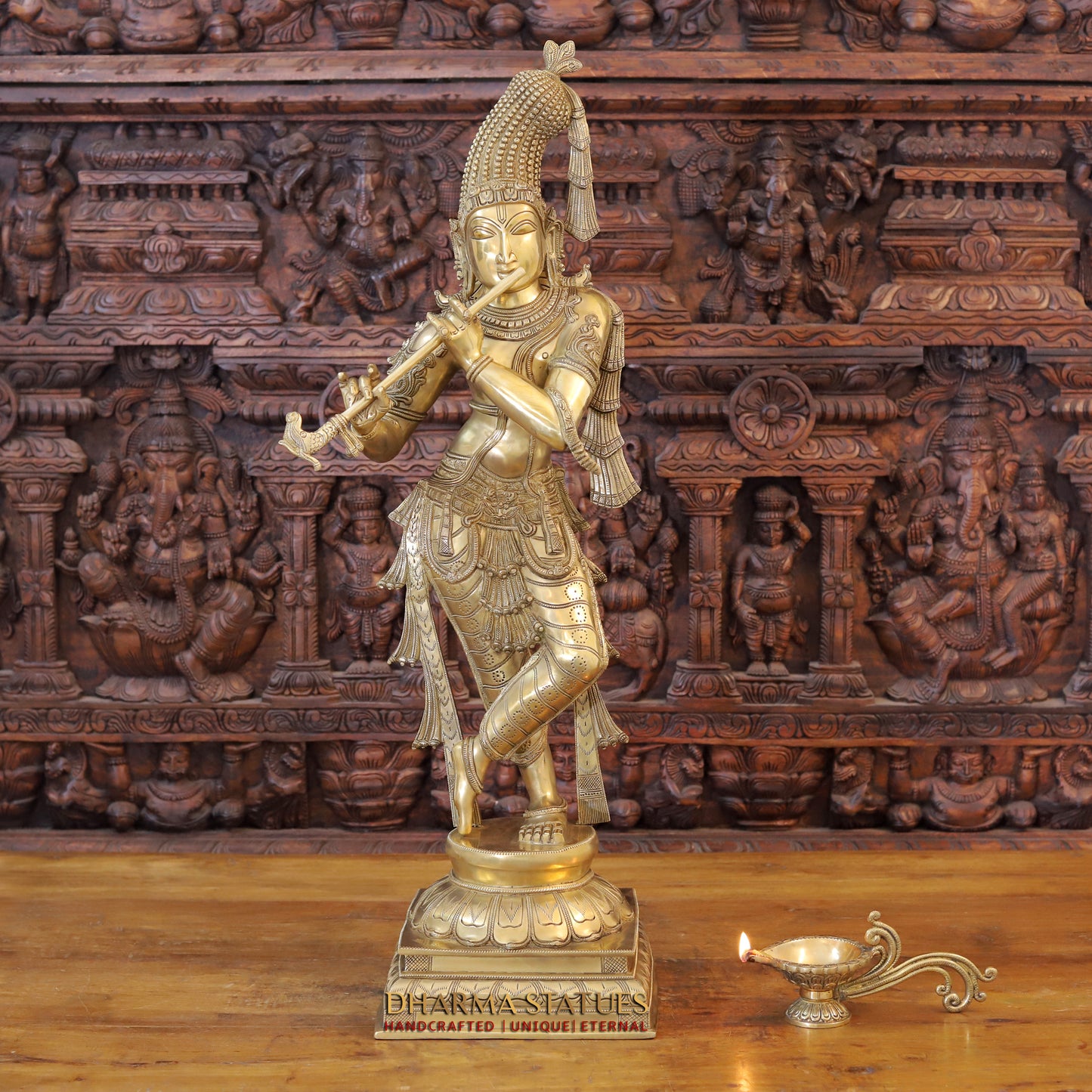 Brass Krishna Playing Flute on Pedestal, Fine Golden Finish, 35.5"