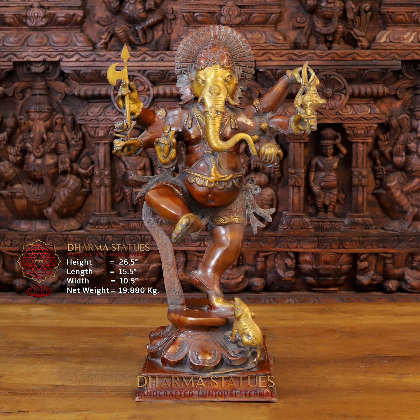 Brass Dancing Ganesh on Pedestal, Copper & Golden Finish, 26.5"