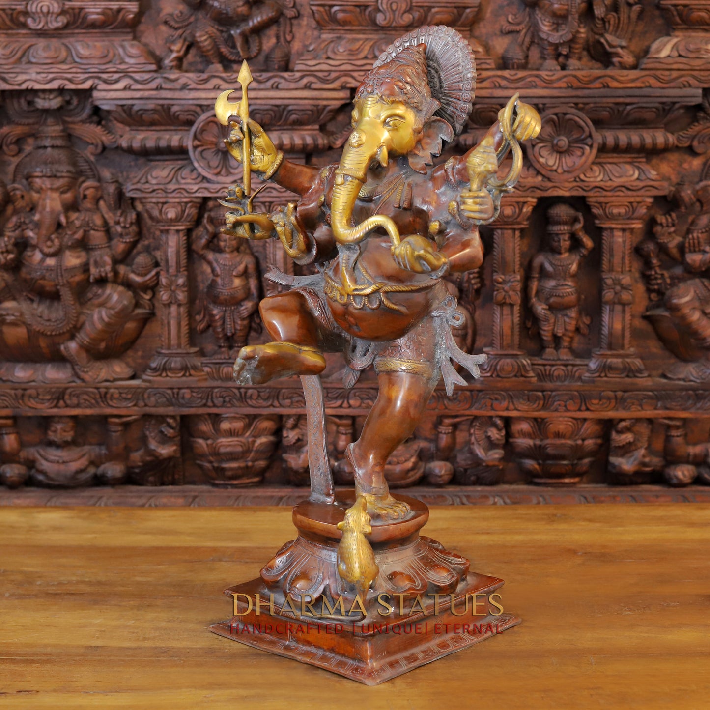 Brass Dancing Ganesh on Pedestal, Copper & Golden Finish, 26.5"