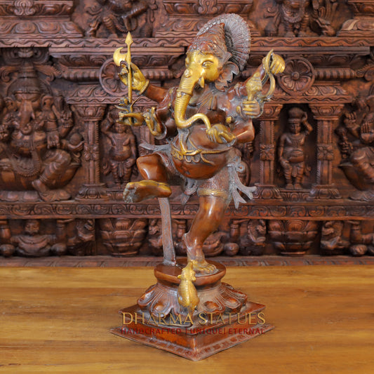 Brass Dancing Ganesh on Pedestal, Copper & Golden Finish, 26.5"
