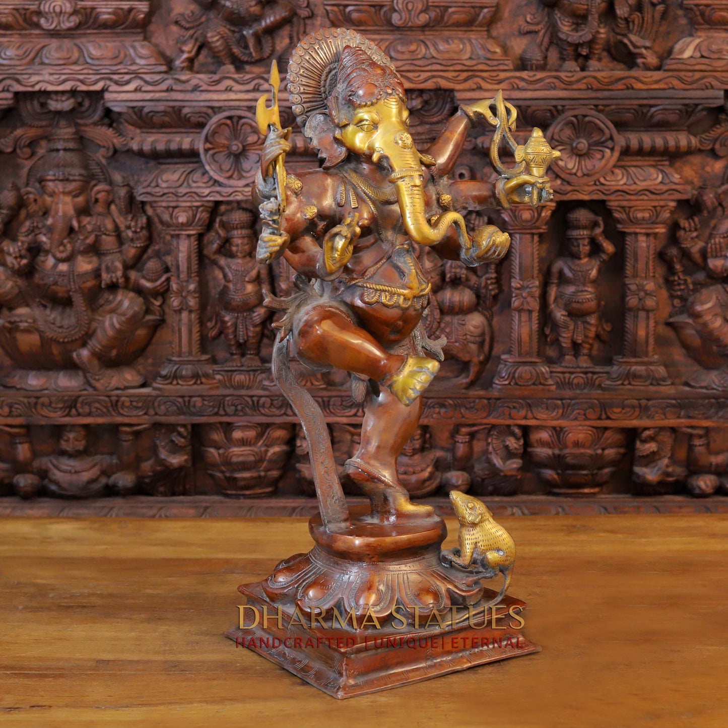 Brass Dancing Ganesh on Pedestal, Copper & Golden Finish, 26.5"