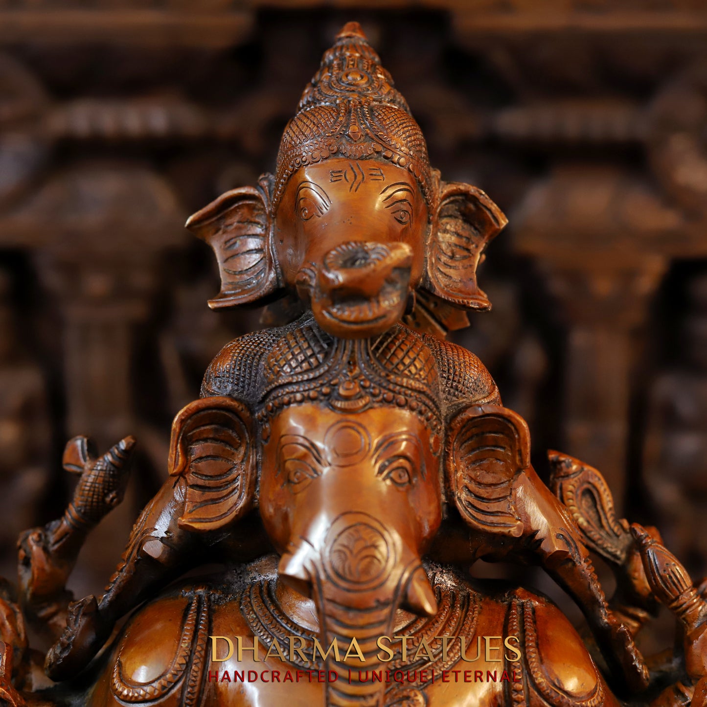 Brass Pushkala Panchmukhi Vinayaka (5 Face Ganesh) Seated on a Lion, Cherry & Copper Blended Finish, 24"