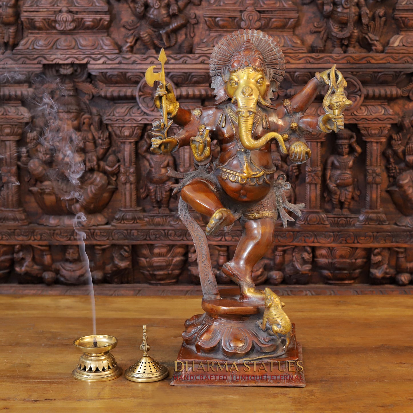 Brass Dancing Ganesh on Pedestal, Copper & Golden Finish, 26.5"