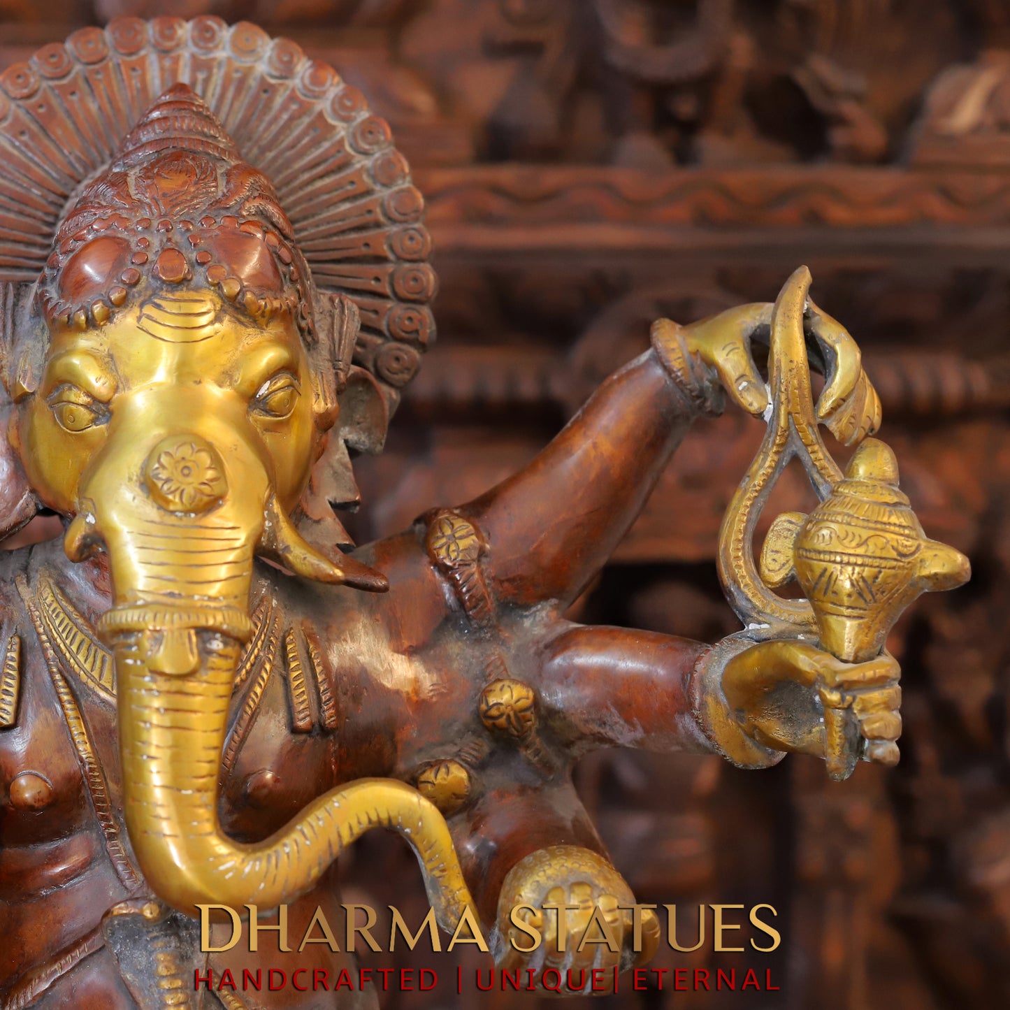 Brass Dancing Ganesh on Pedestal, Copper & Golden Finish, 26.5"
