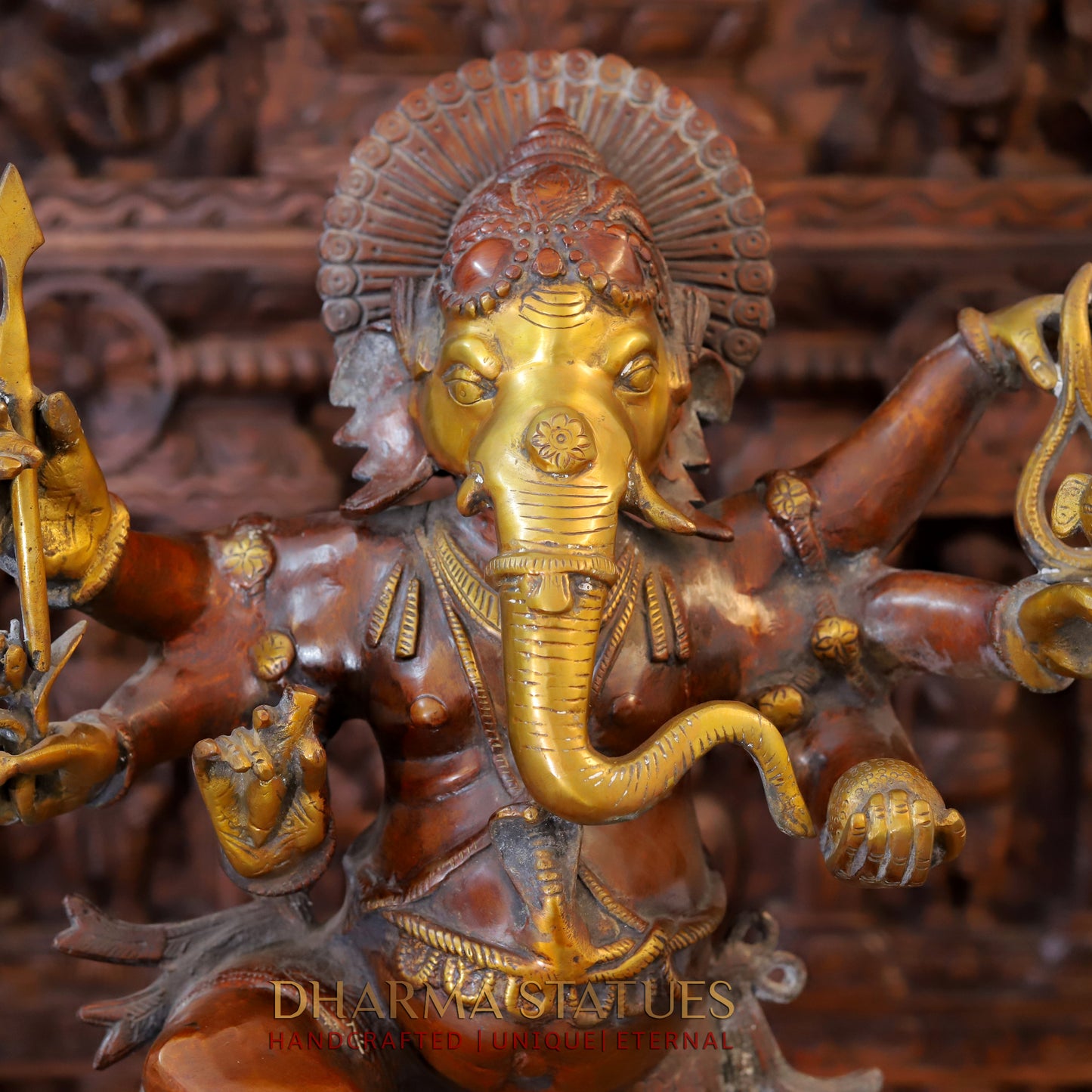 Brass Dancing Ganesh on Pedestal, Copper & Golden Finish, 26.5"