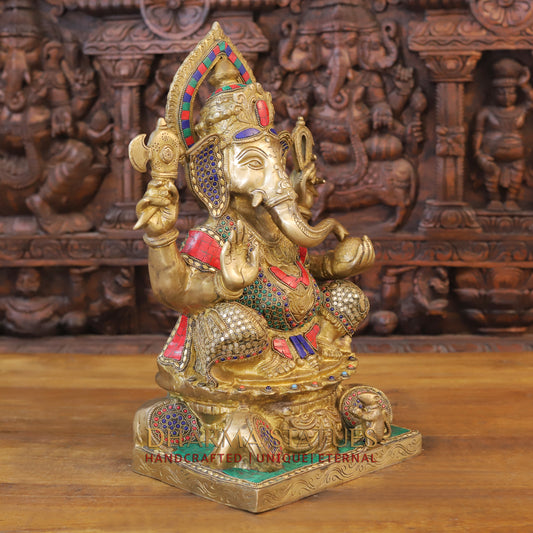 Brass Ganesh seated in Blessing Posture, Golden & Stonework, 18.5"