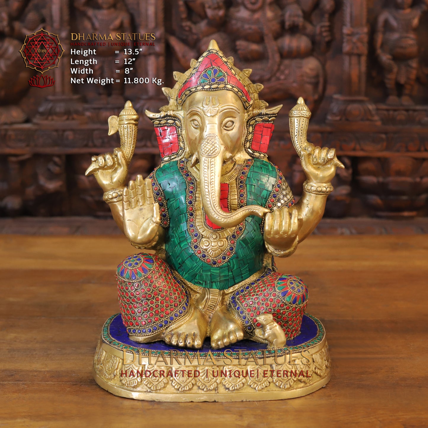 Brass Ganesh seated in Blessing Posture, Golden & Stonework, 13.5"