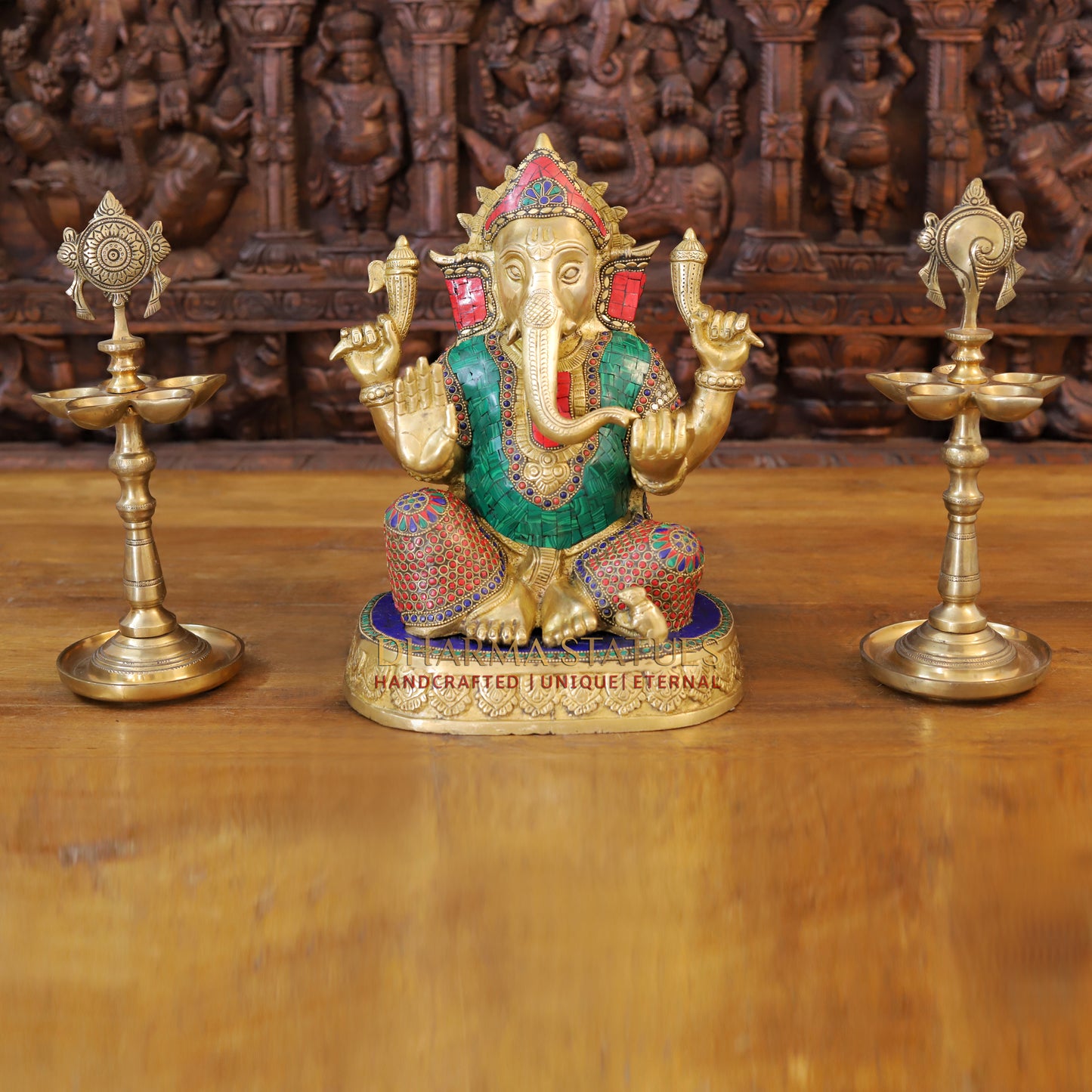 Brass Ganesh seated in Blessing Posture, Golden & Stonework, 13.5"