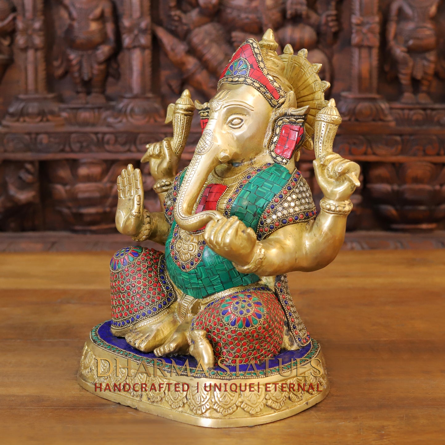 Brass Ganesh seated in Blessing Posture, Golden & Stonework, 13.5"