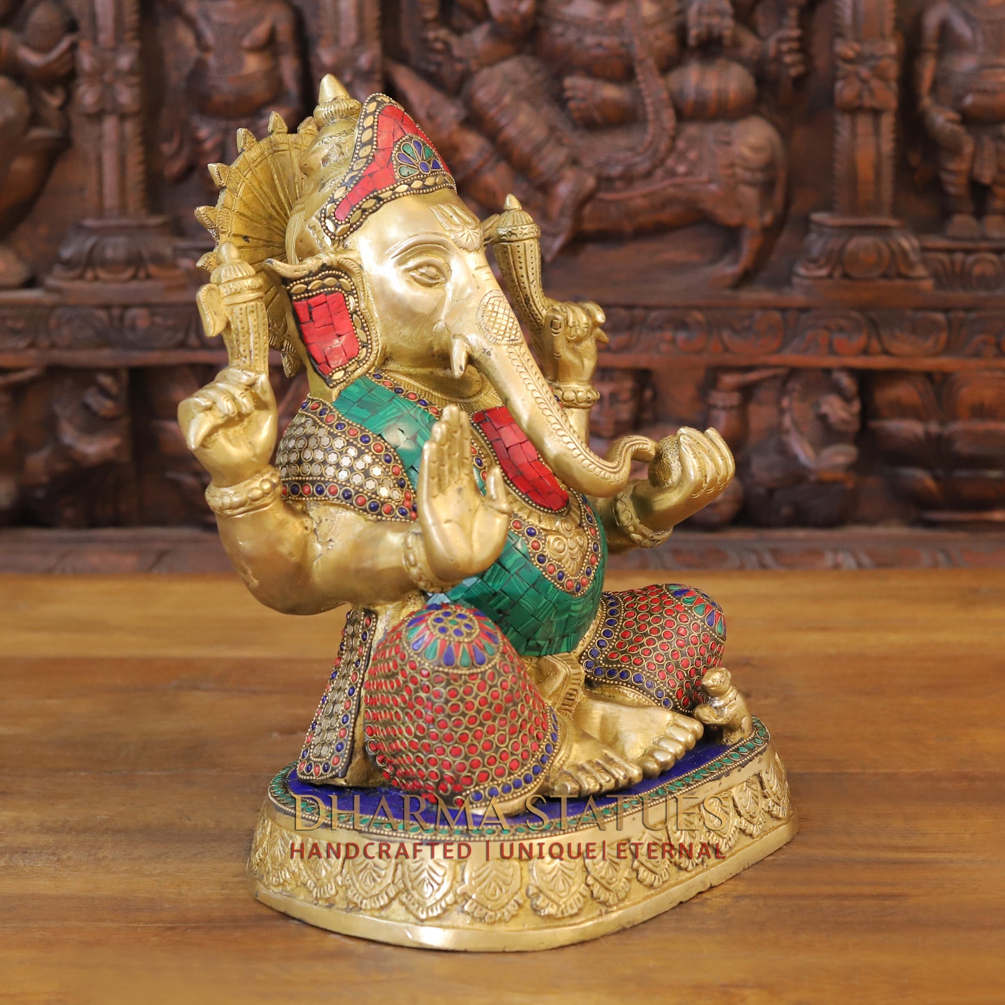 Brass Ganesh seated in Blessing Posture, Golden & Stonework, 13.5"