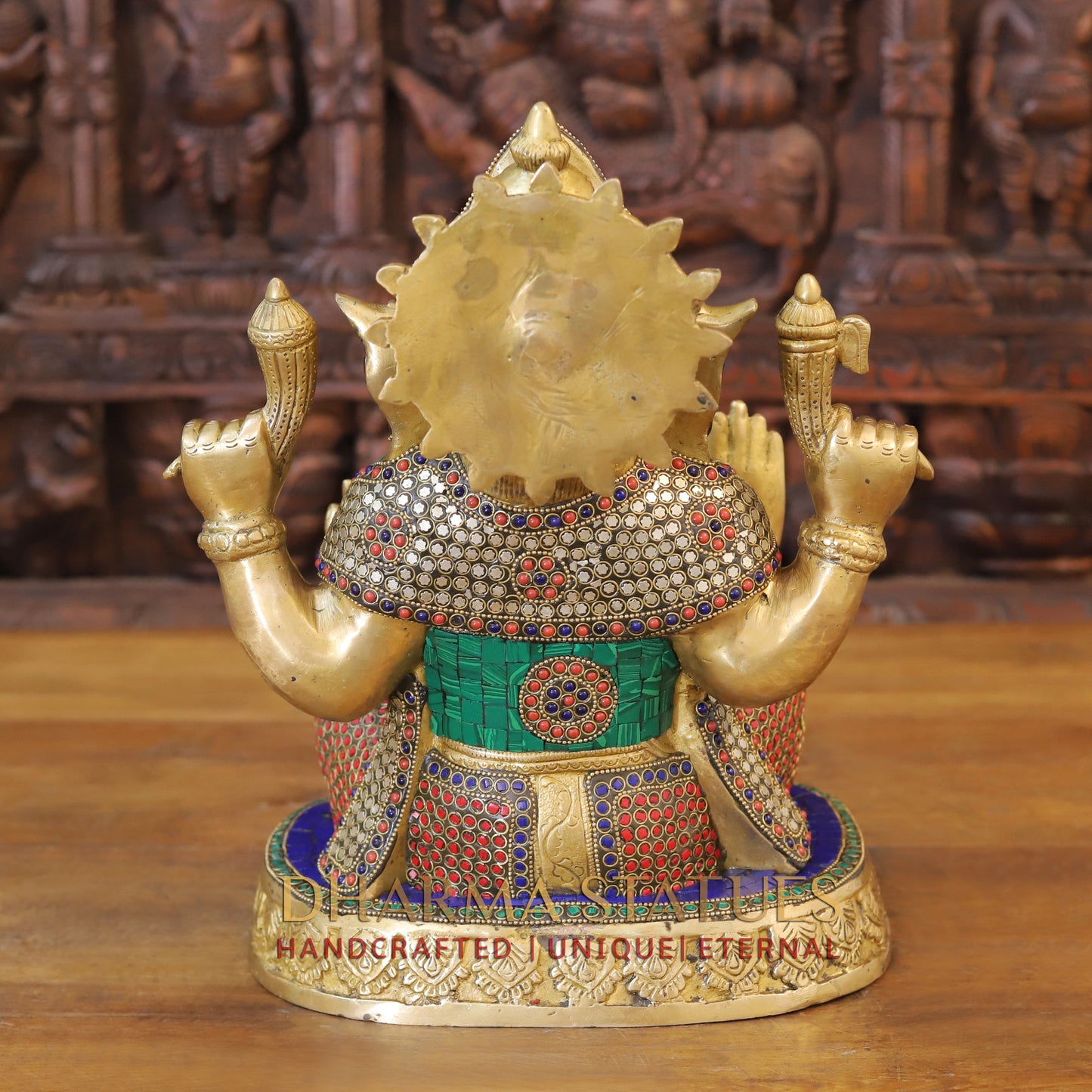 Brass Ganesh seated in Blessing Posture, Golden & Stonework, 13.5"
