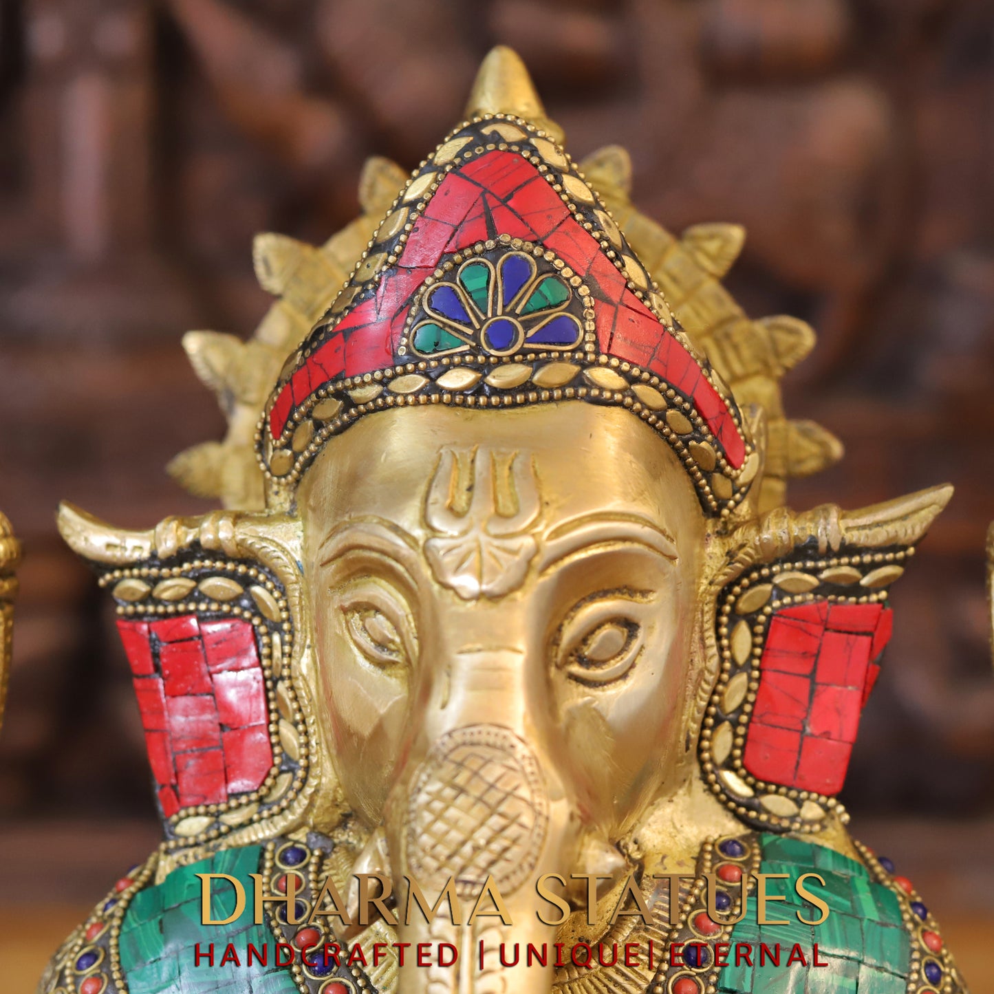 Brass Ganesh seated in Blessing Posture, Golden & Stonework, 13.5"
