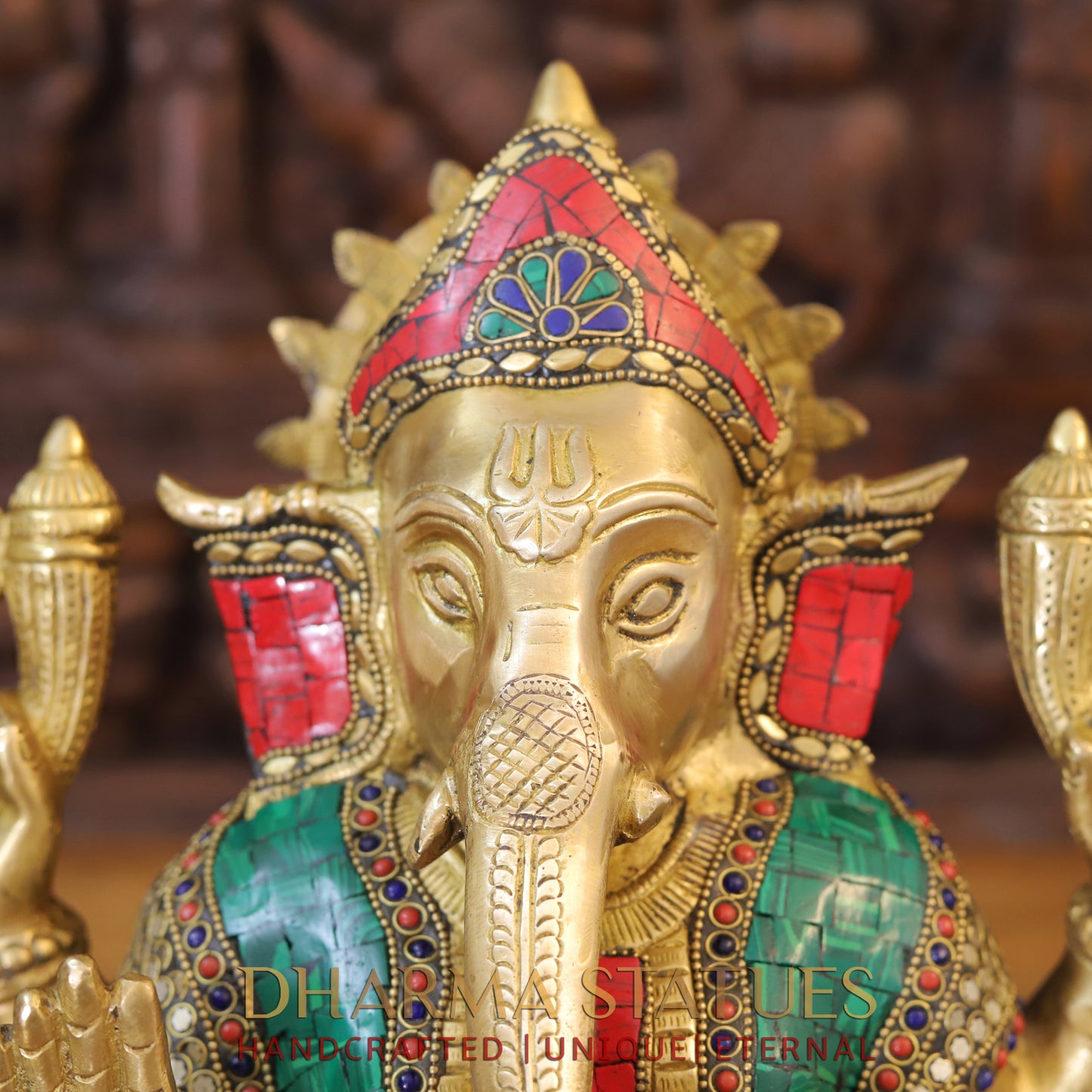 Brass Ganesh seated in Blessing Posture, Golden & Stonework, 13.5"