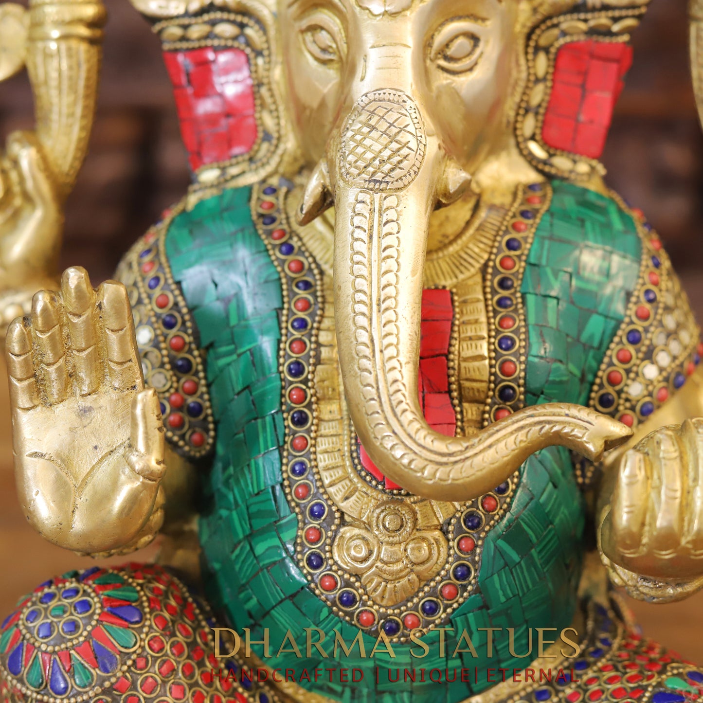 Brass Ganesh seated in Blessing Posture, Golden & Stonework, 13.5"