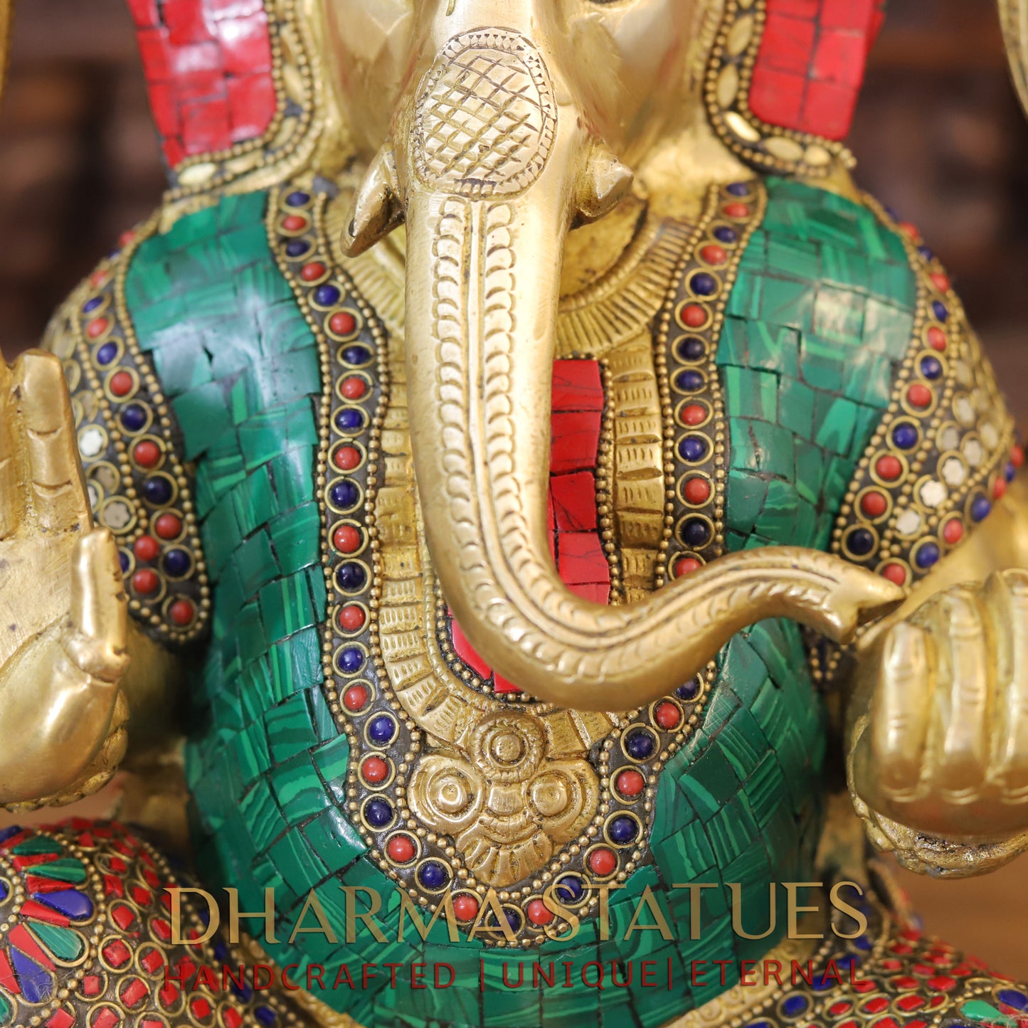 Brass Ganesh seated in Blessing Posture, Golden & Stonework, 13.5"