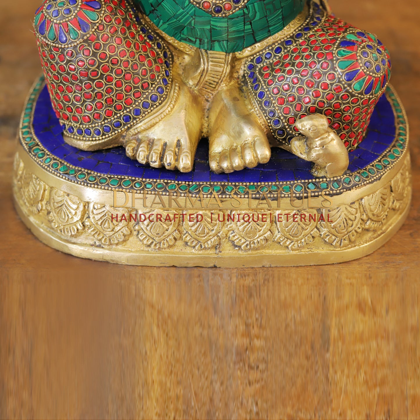 Brass Ganesh seated in Blessing Posture, Golden & Stonework, 13.5"