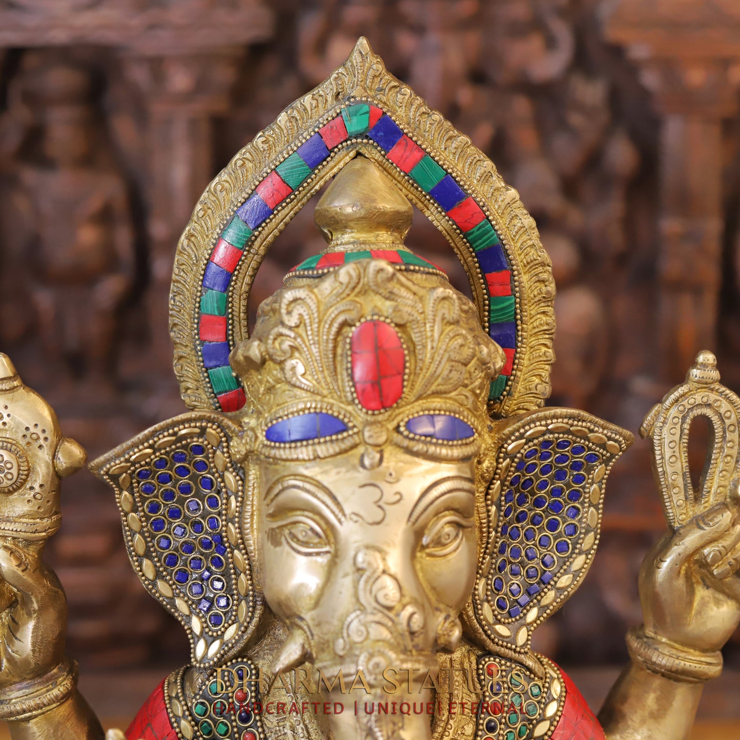 Brass Ganesh seated in Blessing Posture, Golden & Stonework, 18.5"