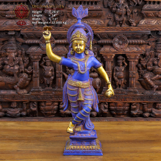 Brass Krishna with Shankha Sudarshan Chakra, Purple Patina & Gold Finish, 28.5"