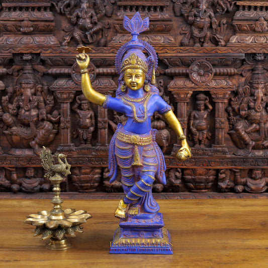 Brass Krishna with Shankha Sudarshan Chakra, Purple Patina & Gold Finish, 28.5"