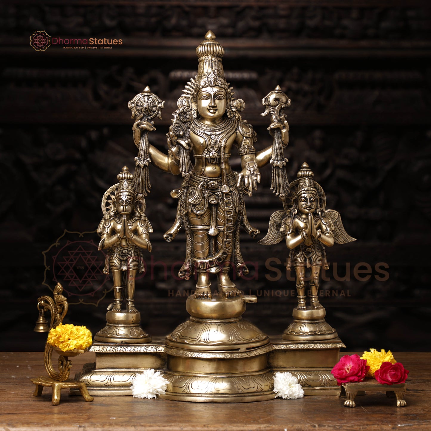 Brass Vishnu Standing With Garuda & Hanuman , Smooth Finish 24.5"