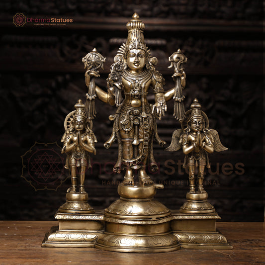 Brass Lord Vishnu. This Lord Vishnu with Garuda and Hanuman Ji. 24.5" Front View