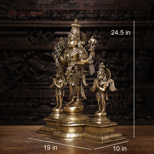 Brass Vishnu Standing With Garuda & Hanuman , Smooth Finish 24.5"
